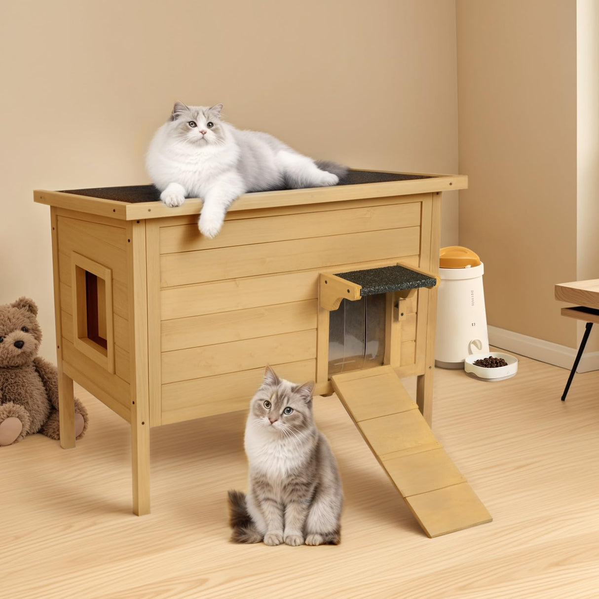 BRIOPAWS Feral-Outdoor-Cat-House-Insulated | Outside-Cat-Shelter for Winter | Weatherproof | Large Wooden Pet House for Multiple Cats | Foldable Ladder | Acrylic Side Window | Brown BRIOPAWS