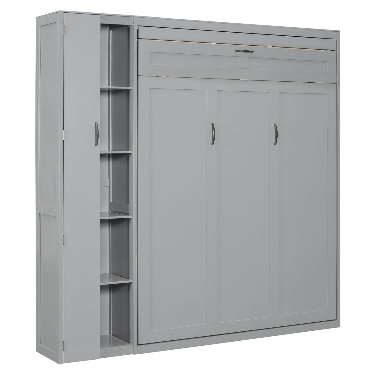 P PURLOVE Murphy Bed Queen, Wood Wall Bed with Shelves, Wardrobe and LED Lights, No Box Spring Needed (Gray) P PURLOVE