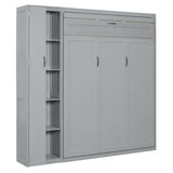 P PURLOVE Murphy Bed Queen, Wood Wall Bed with Shelves, Wardrobe and LED Lights, No Box Spring Needed (Gray) P PURLOVE