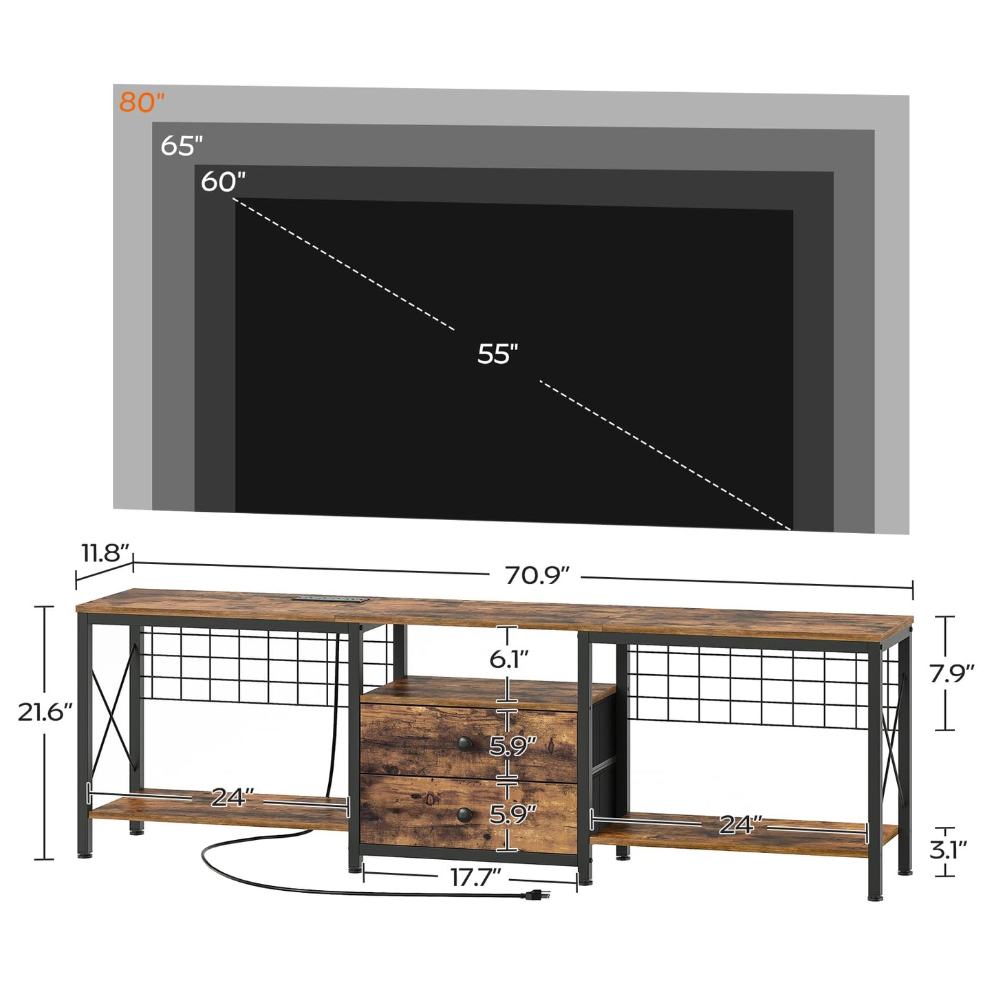 YATINEY TV Stand with Power Outlet for 80 Inch, Entertainment Center with 2 Fabric Drawers, TV Console Table with Open Storage Shelves for TVs, Cable Management, for Living Room, Bedroom, DS18UBR