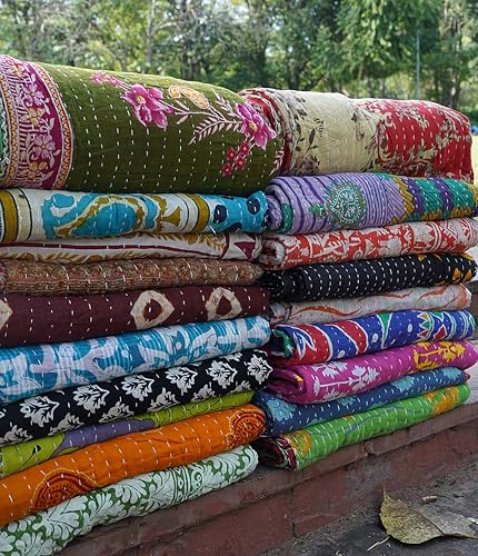 Boho Sanskriti Indian Quilt Vintage Bedspreads,Throws,Ralli, Lot Kantha Reversible Bedcover Bedspread Throw Cotton Blanket Gudari -Single Pieces, Twin Boho Sanskriti