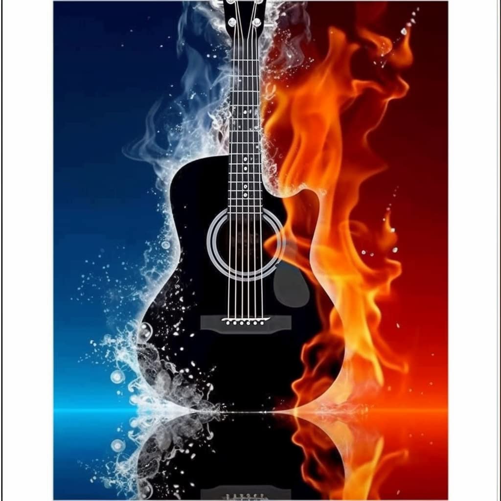 Kaliosy 5D Diamond Art Painting Guitar Ice Fire by Number Kits, Paint with Diamonds Art Musical Instrument DIY Full Drill, Crystal Craft Cross Stitch Embroidery Decoration 30x40cm?12x16inch? Kaliosy