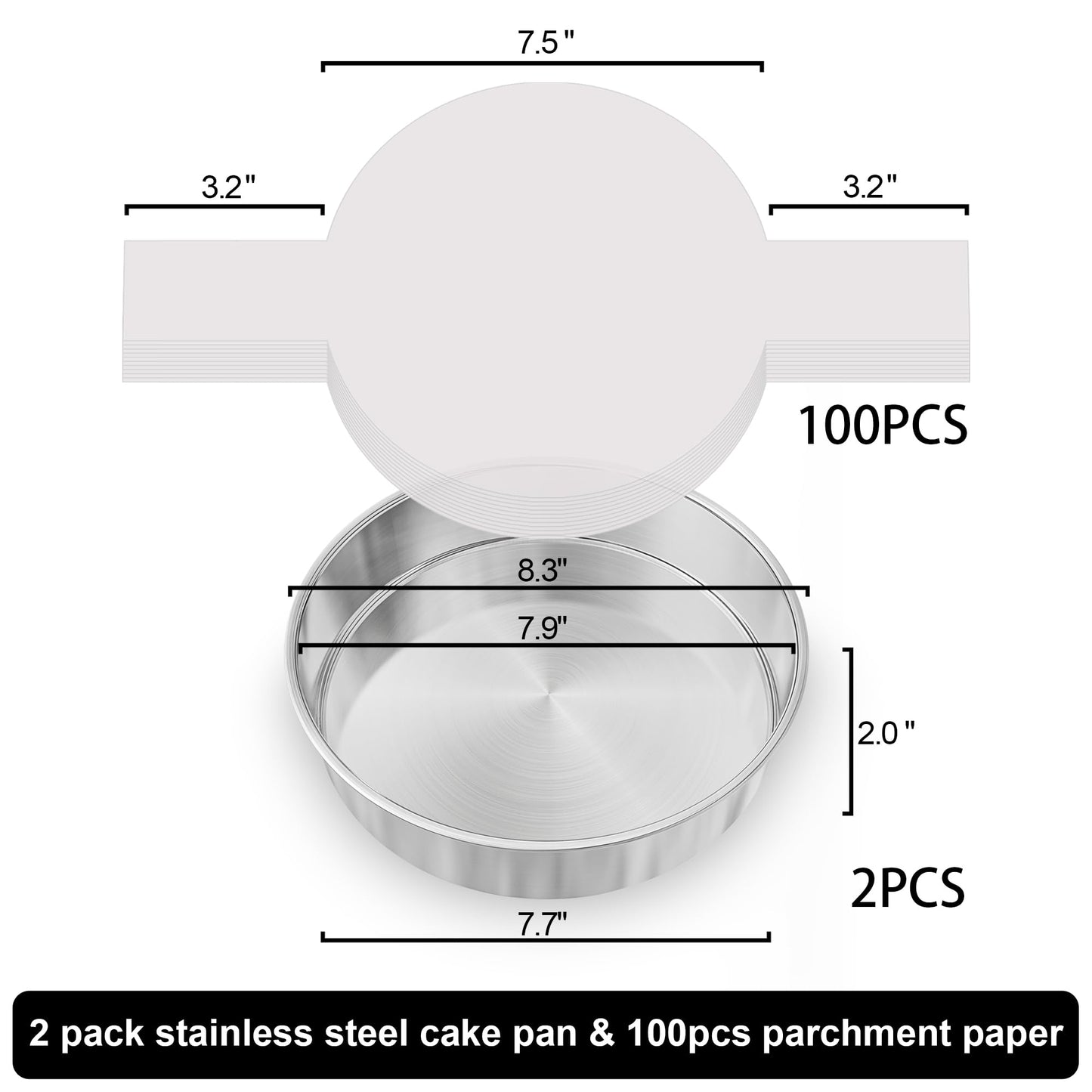 8 Inch Round Cake Pans Set of 2, Nonstick Stainless Steel Baking Pans Set with 100PCS Parchment Papers, Durable Birthday Christmas Circle Layer Cake Pans, Cake Pans Sets for Baking, Dishwasher Safe