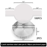 8 Inch Round Cake Pans Set of 2, Nonstick Stainless Steel Baking Pans Set with 100PCS Parchment Papers, Durable Birthday Christmas Circle Layer Cake Pans, Cake Pans Sets for Baking, Dishwasher Safe AWTBDP