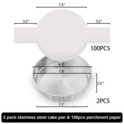 8 Inch Round Cake Pans Set of 2, Nonstick Stainless Steel Baking Pans Set with 100PCS Parchment Papers, Durable Birthday Christmas Circle Layer Cake Pans, Cake Pans Sets for Baking, Dishwasher Safe