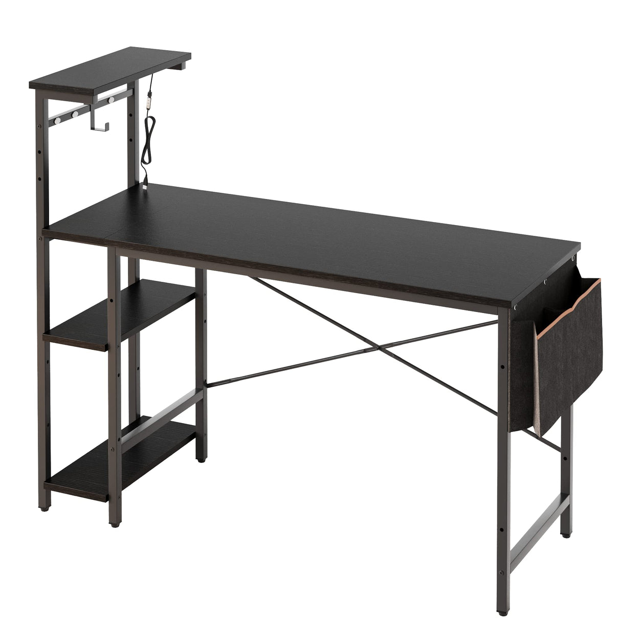 Bestier Gaming Desk with LED Lights, 51.3 Inch Computer Desk with 4 Tiers Reversible Shelves, Home Office Writing Desk with Side Storage Bag, Hooks and Height Adjustable Shelf (Black Grained) Bestier