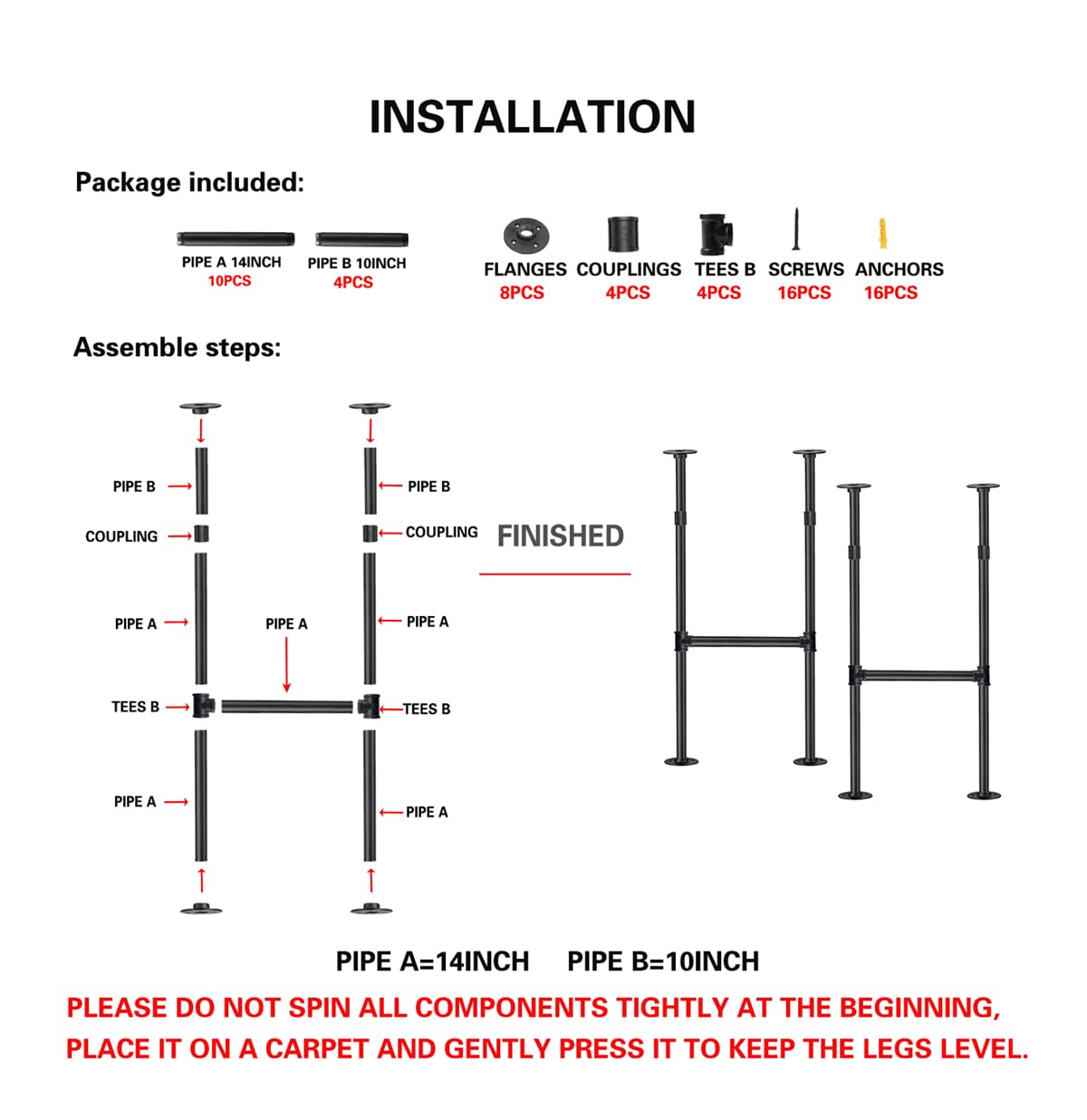 Mdjwjj Industrial Pipe Counter Bar Height Table Leg,Metal Table Legs,Iron Base Legs Coffee Tables, Desks, Nightstand,2Pcs, 38" H × 14" W(Black) Mdjwjj