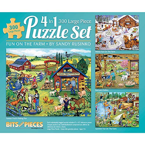 Bits and Pieces – 4-in-1 Multi-Pack 300 Piece Jigsaw Puzzles for Adults – Fun on The Farm by Artist Sandy Rusinko, Completed Puzzle Size: 16" x 20" Bits and Pieces