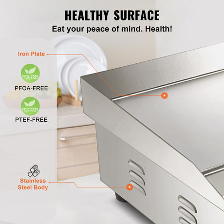 VEVOR Commercial Electric Griddle, 22", 1600W Countertop Flat Top Griddle, Stainless Steel Teppanyaki Grill w/Iron Cooking Plate, 122-572℉ Adjustable Temp Control 2 Shovels & Brushes, 110V VEVOR
