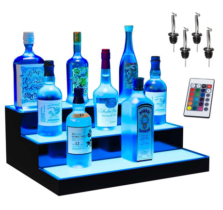 Boss Premium® BarUSA™ LED Lighted Bar Shelf Display Liquor Bottle Alcohol Whiskey Shelves Rack Stand Tray Units for Home Bar Living Room Accessories and Decor - Designed in USA (3-Step, 16 Inch) Boss Premium