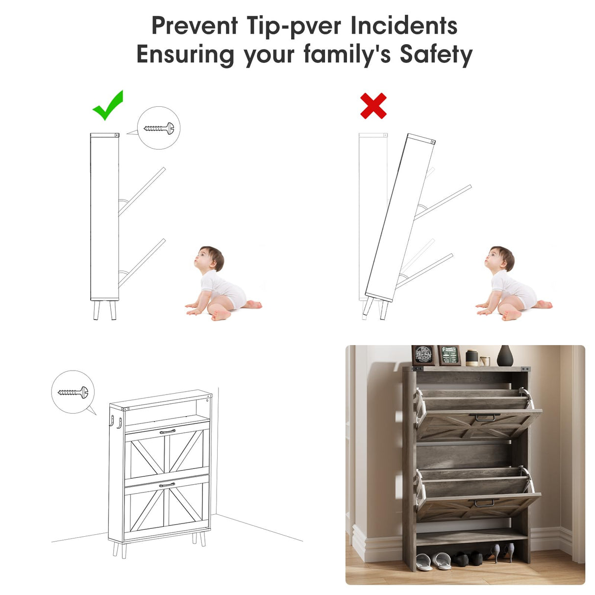 Halitaa Shoe Storage Cabinet for Entryway,Farmhouse Slim Shoe Cabinet with 2 Flip Drawers,Narrow Shoe Rack Cabinet for Entrance Hidden Shoes,Grey Halitaa