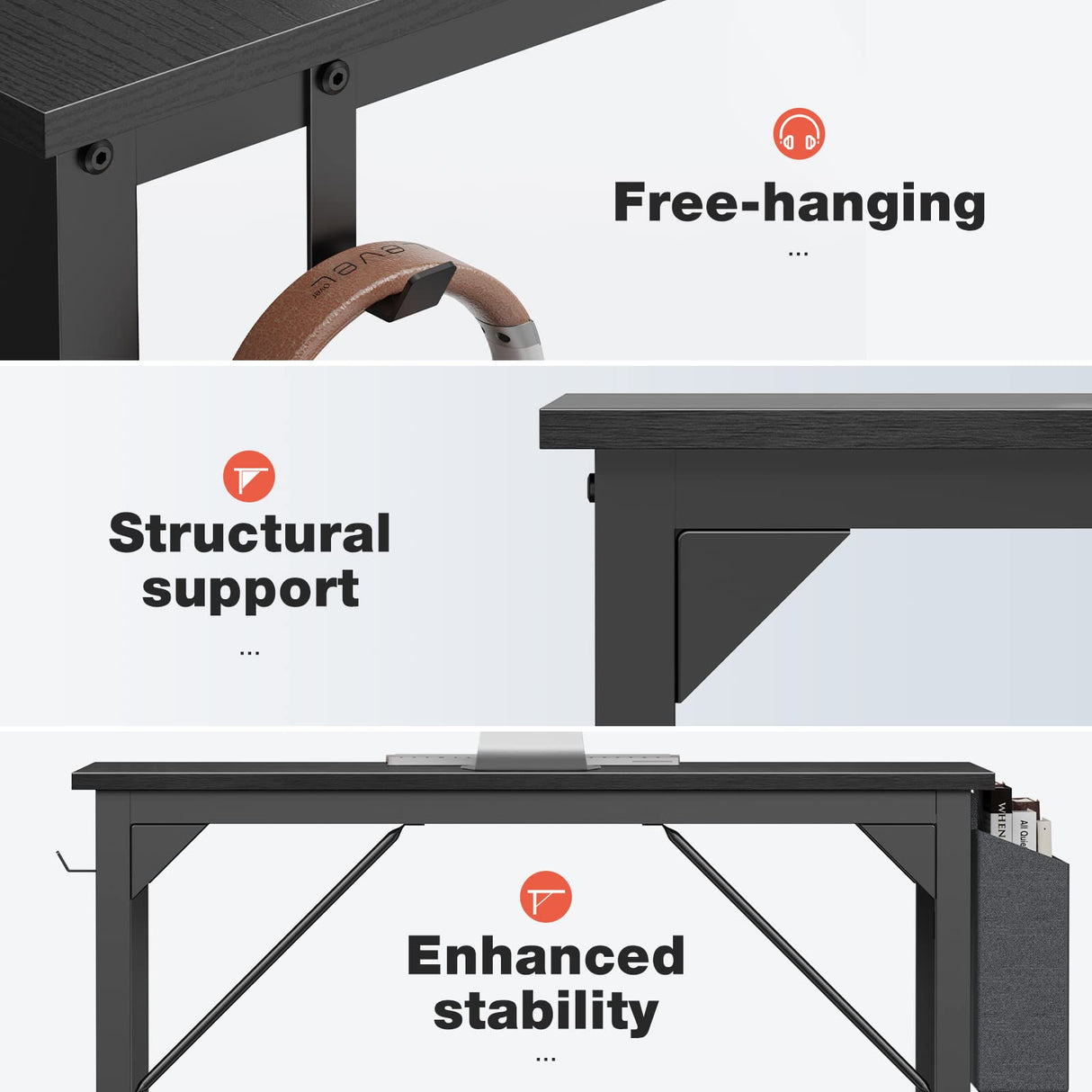 OLIXIS Computer Desk 63 Inch Home Office Work Study Writing Student Kids Bedroom Wood Simple 2 Person PC Table with Storage Bag & Headphone Hooks, Modern Black OLIXIS