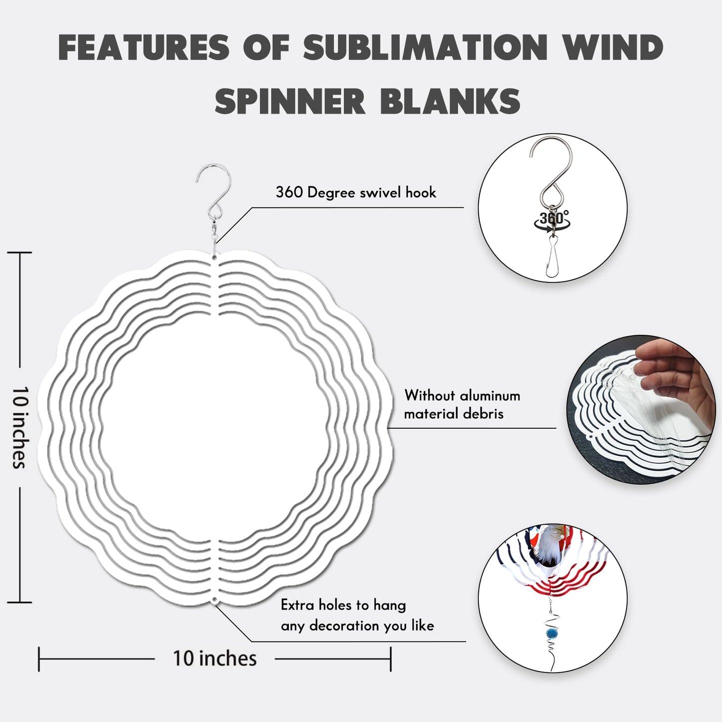 6 Pack 10 inch Sublimation Wind Spinner Blanks, 2 Sided Printable Sublimation Stainless Steel Metal Wind Powered Kinetic Sculpture for Yard and Garden, Heat Press Transfer Sublimation Blank Products