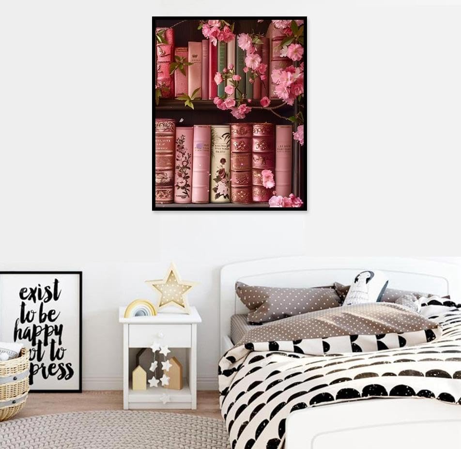 Books Paint by Numbers Kit for Adults,Bookshelf DIY Acrylic Painting Kit for Beginners Unframed,Flowers Easy Adult Paint by Number Kits on Canvas for Decor 16x20inch Canrichshop