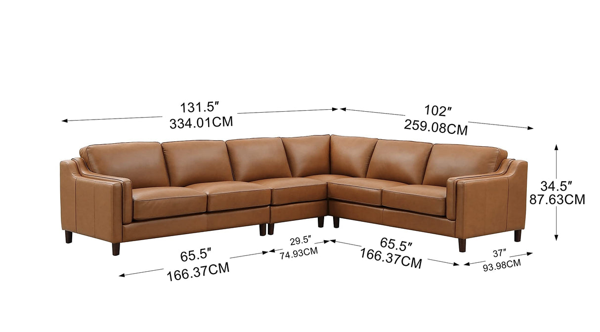 Hydeline Bella Top Grain Leather Sectional (L-Shape, Cognac), Feather Down, Memory Foam and Springs Seating Hydeline