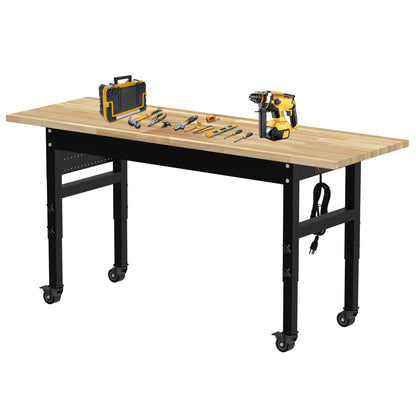 MISHAO 72" Adjustable Workbench on Wheels, Rubber Wood Heavy-Duty Workstation w/Power Outlet & Pegboard, 2000 LBS Load Capacity Hardwood Worktable for Garage, Workshop, Office, Home - WoodArtSupply