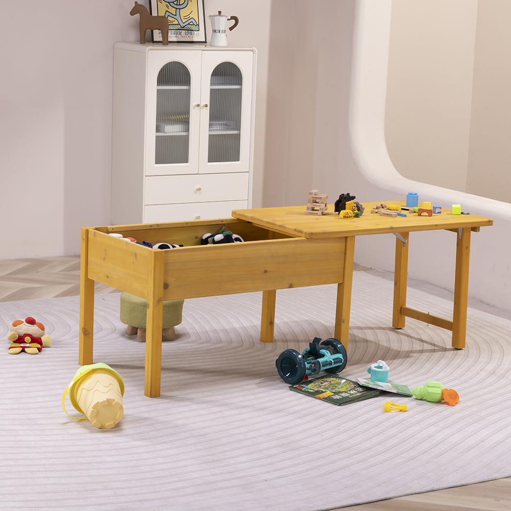 BIRASIL Wooden Kids Sensory Tables with Folding Lid, Activity Table for Children, Elevated Play Tables with Storage for Indoor Outdoor, Yellow BIRASIL