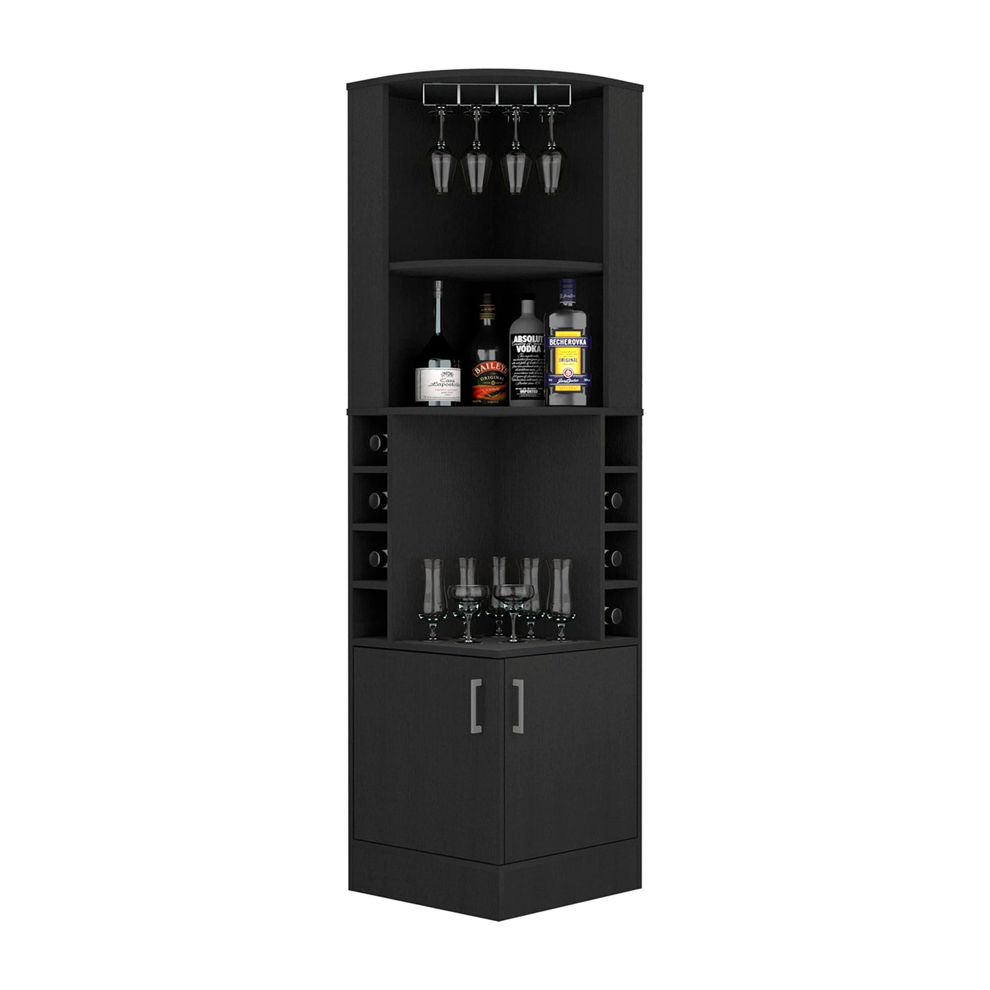 Cairo Corner Bar Cabinet with Glass Rack, Multiple Shelves, and 8 Wine Cubbies, Black