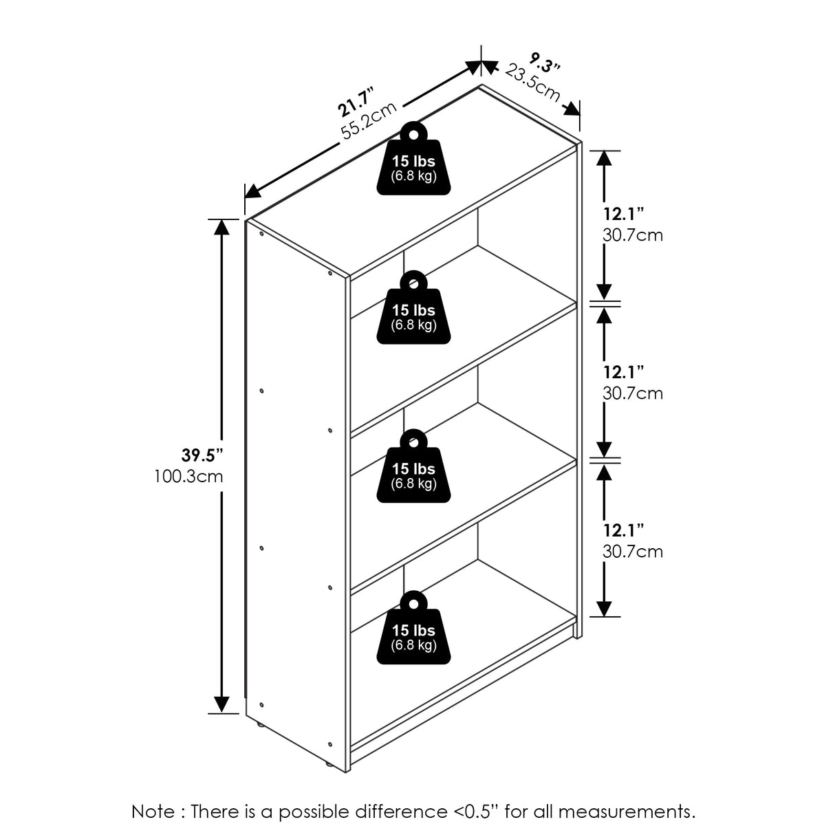 Furinno Basic 3-Tier Bookcase Storage Shelves, White/White Furinno