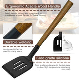 Kitchen Cooking Utensils Set-446°F Heat Resistant Silicone Kitchen Utensils for Cooking-34 Piece Kitchen Set with Natural Acacia Wooden Handles and Holder, BPA FREE for Non-Stick Cookware (Black) BESTZMWK