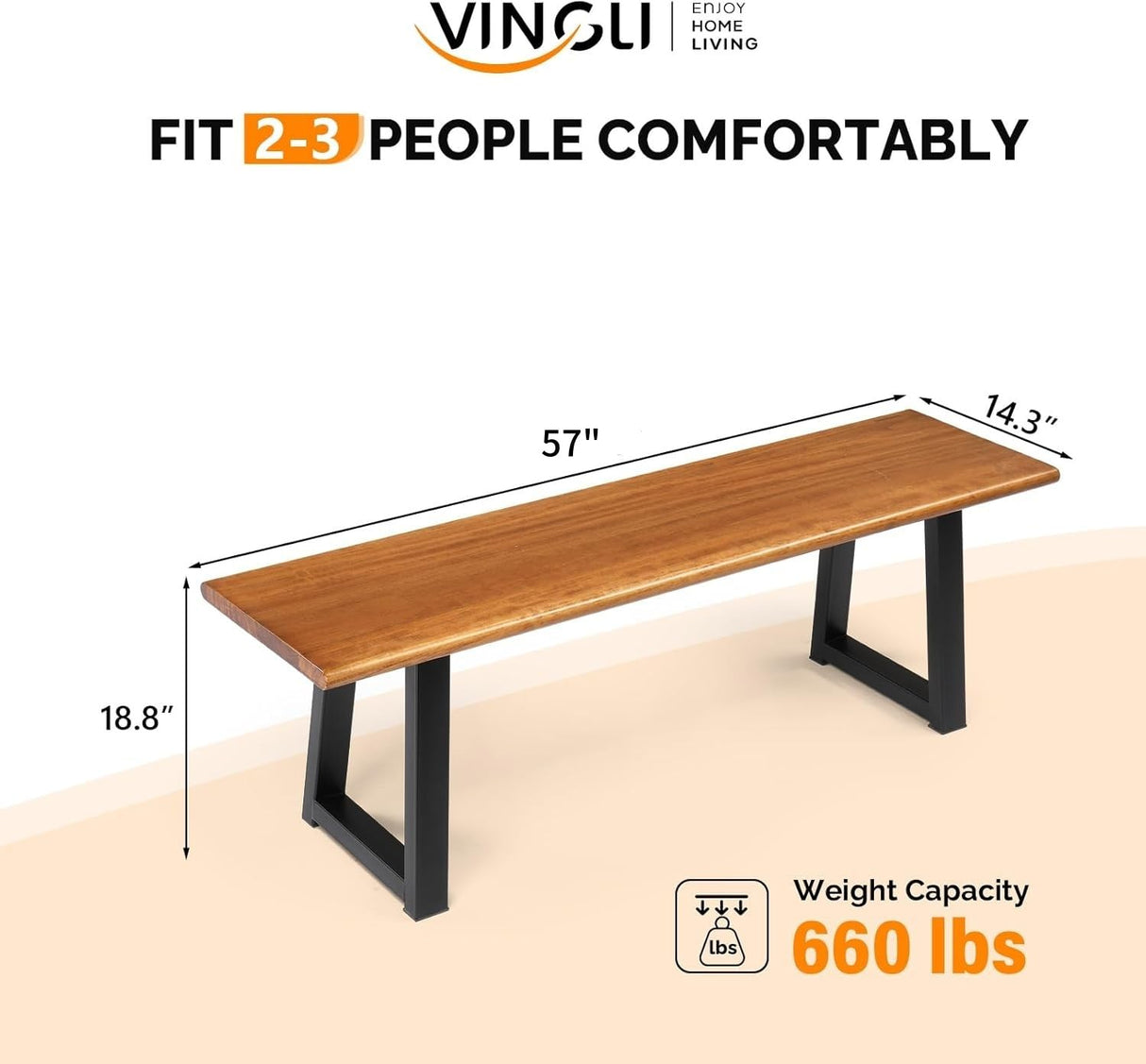 VINGLI Outdoor Bench with Metal Legs Rustic, Wood Dining Bench Indoor Outdoor Porch Bench for Yard Garden Dining (57in) VINGLI