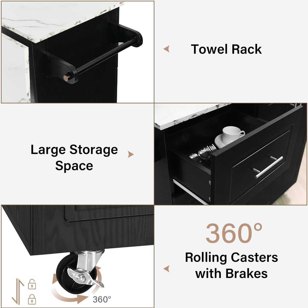 4 EVER WINNER Kitchen Island with Storage, White Marble Tabletop, Rolling Kitchen Island Cart on Wheels with Drop Leaf Breakfast Bar, Island Table for Kitchen with Towel Rack & Spice Rack, Black 4 EVER WINNER