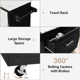 4 EVER WINNER Kitchen Island with Storage, White Marble Tabletop, Rolling Kitchen Island Cart on Wheels with Drop Leaf Breakfast Bar, Island Table for Kitchen with Towel Rack & Spice Rack, Black 4 EVER WINNER