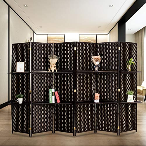 Bonnlo Upgraded Heavy Duty 6FT Tall Rattan Room Divider Screens with Partition Wall 2 Display Shelves, Indoor Folding Screen Dual-Sided Hinges for Home Office (6 Panels) Bonnlo