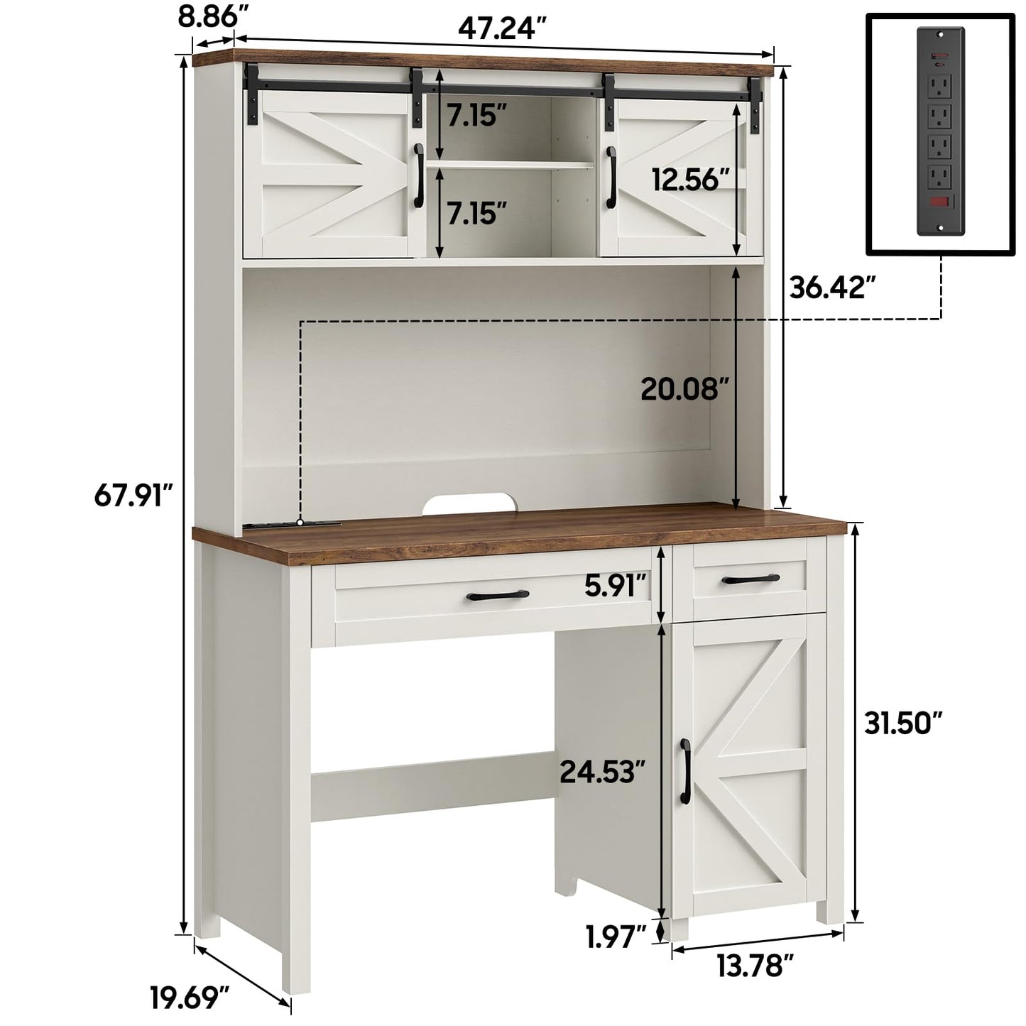 Farmhouse 47" Executive Desk, Computer Desk with Drawers and Storage Cabinet, Workstation Computer Desk with Hutch for Home Office