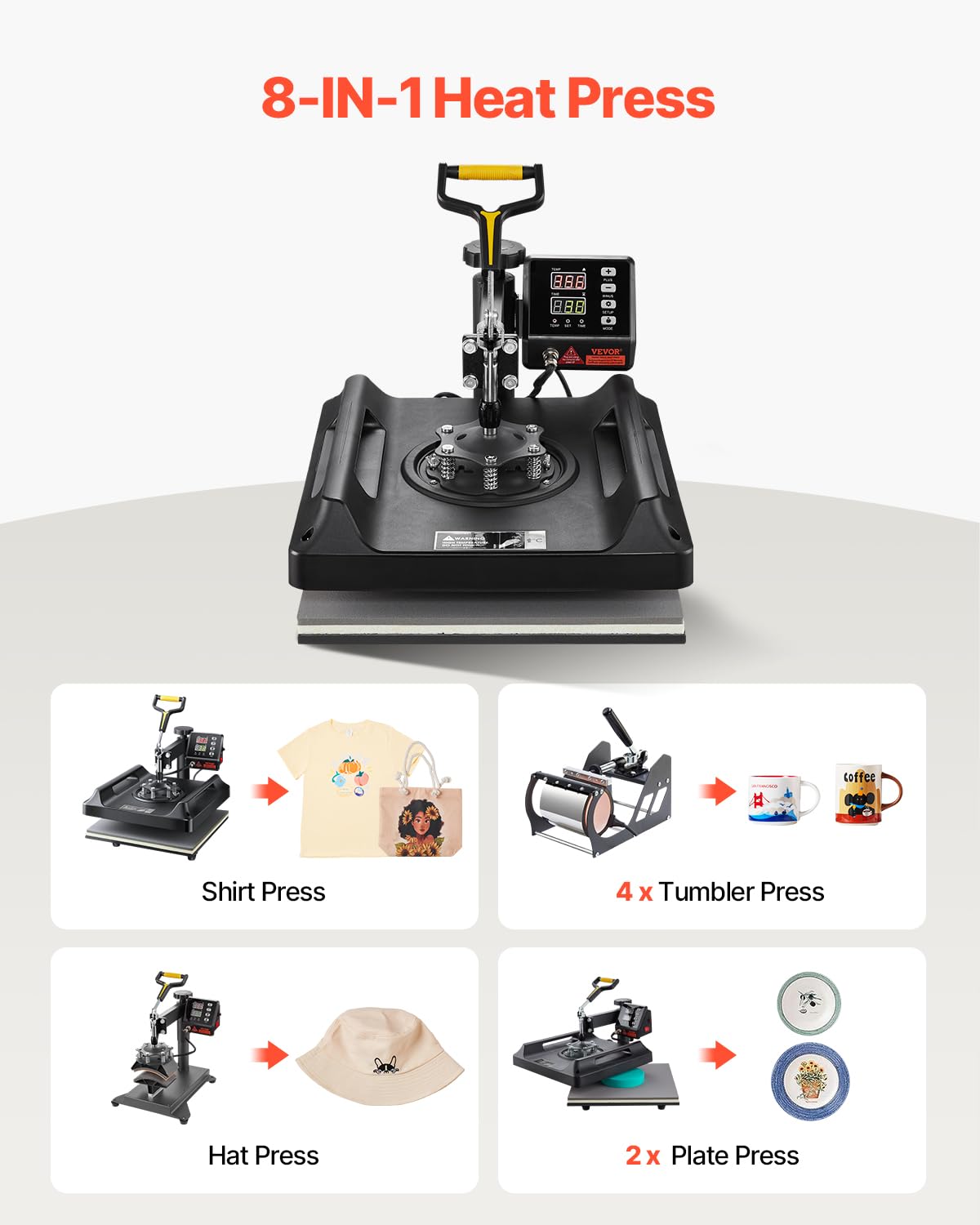 VEVOR 8 in 1 Heat Press Machine 15x15 Inch, 360° Swing Away Tshirt Press, Digital Professional Sublimation Heat Transfer for T Shirts Hat Cap Mug Plate VEVOR