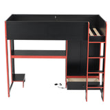 SOFTSEA Twin Gaming Loft Bed with Desk & Lights, Wood Loft Bed with Storage Wardrobe and Drawer, Loft Beds with Desk for Kids Teens Adults, Black + Red SOFTSEA