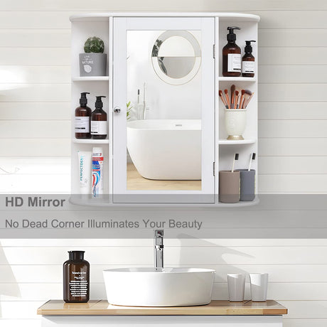 Iwell Bathroom Medicine Cabinet with Mirror, Bathroom Wall Cabinet with 2 Adjustable Shelves & 6 Open Shelves, Medicine Cabinet Organizer, Bathroom Cabinet Wall Mounted, White Iwell