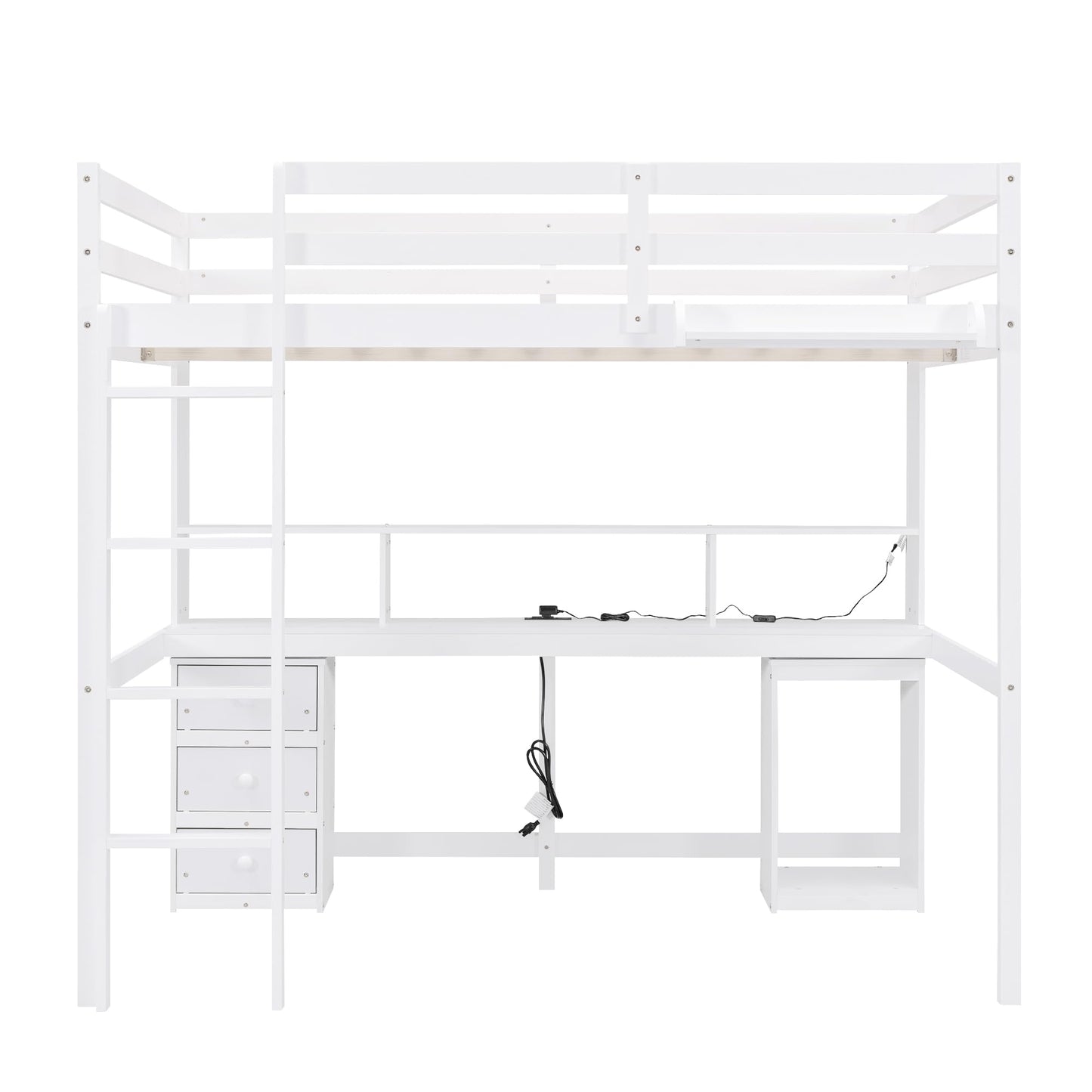 White Full Size Loft Bed with Desk, Storage, LED Lights, and Charging Station - WoodArtSupply