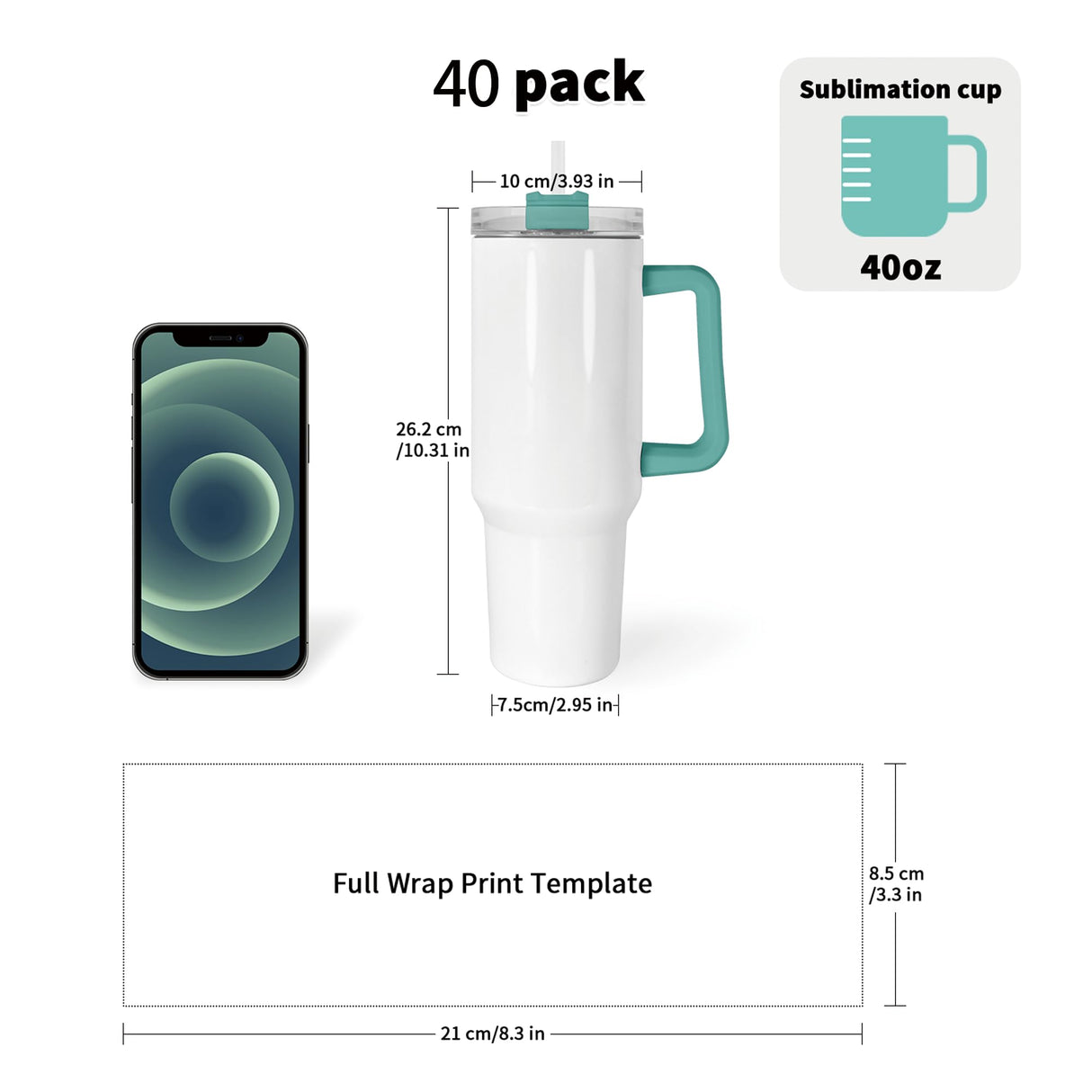 Icesip 40 oz Sublimation Tumblers 40 Pack with 5 Color Handle Lid and Straw Stainless Steel Double Wall Vacuum Insulated Travel Mug Cup Bulk Blank for DIY Gift Icesip