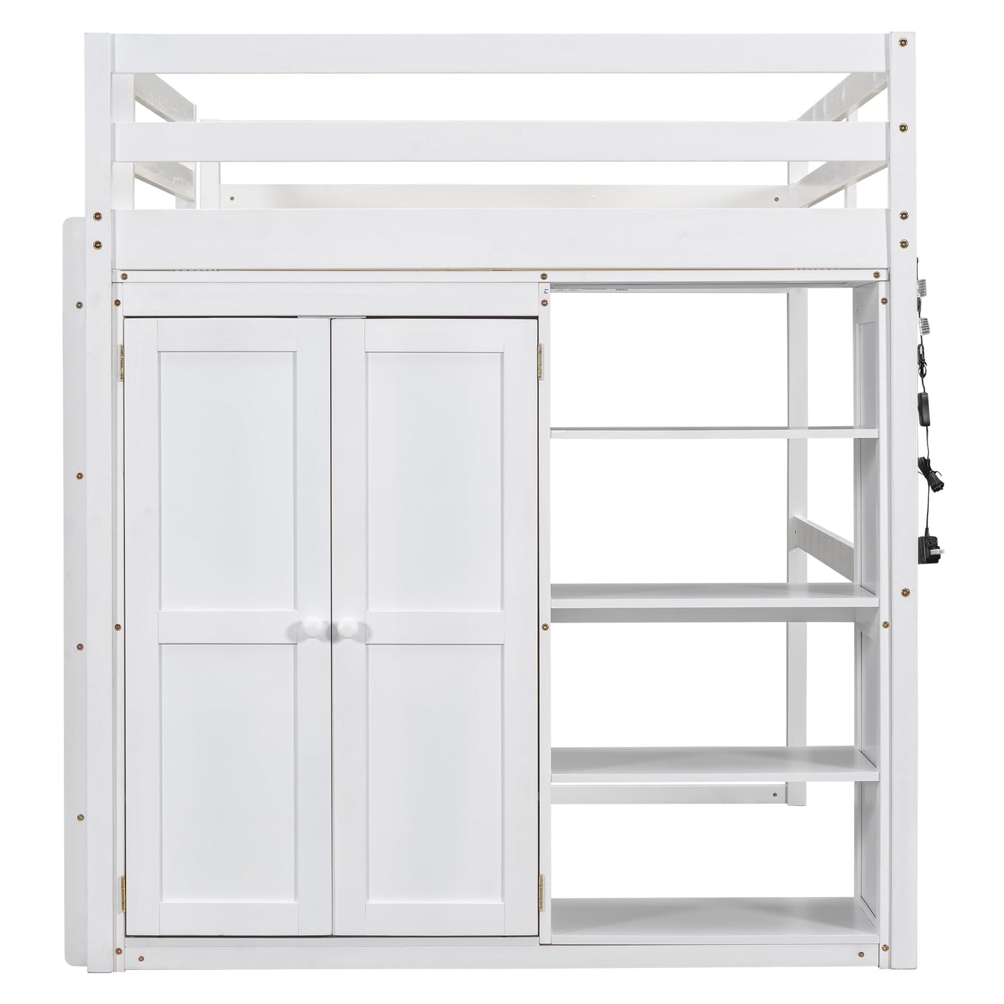 Linique Full Size White Loft Bed with LED Light and Built-in Wardrobe - WoodArtSupply