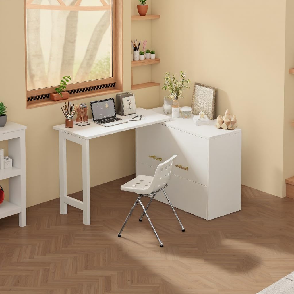 LUMISOL Twin Size Murphy Cabinet Bed with Desk, Wood Murphy Bed with Foldable Cushion for Guest Room, Small Space, White LUMISOL