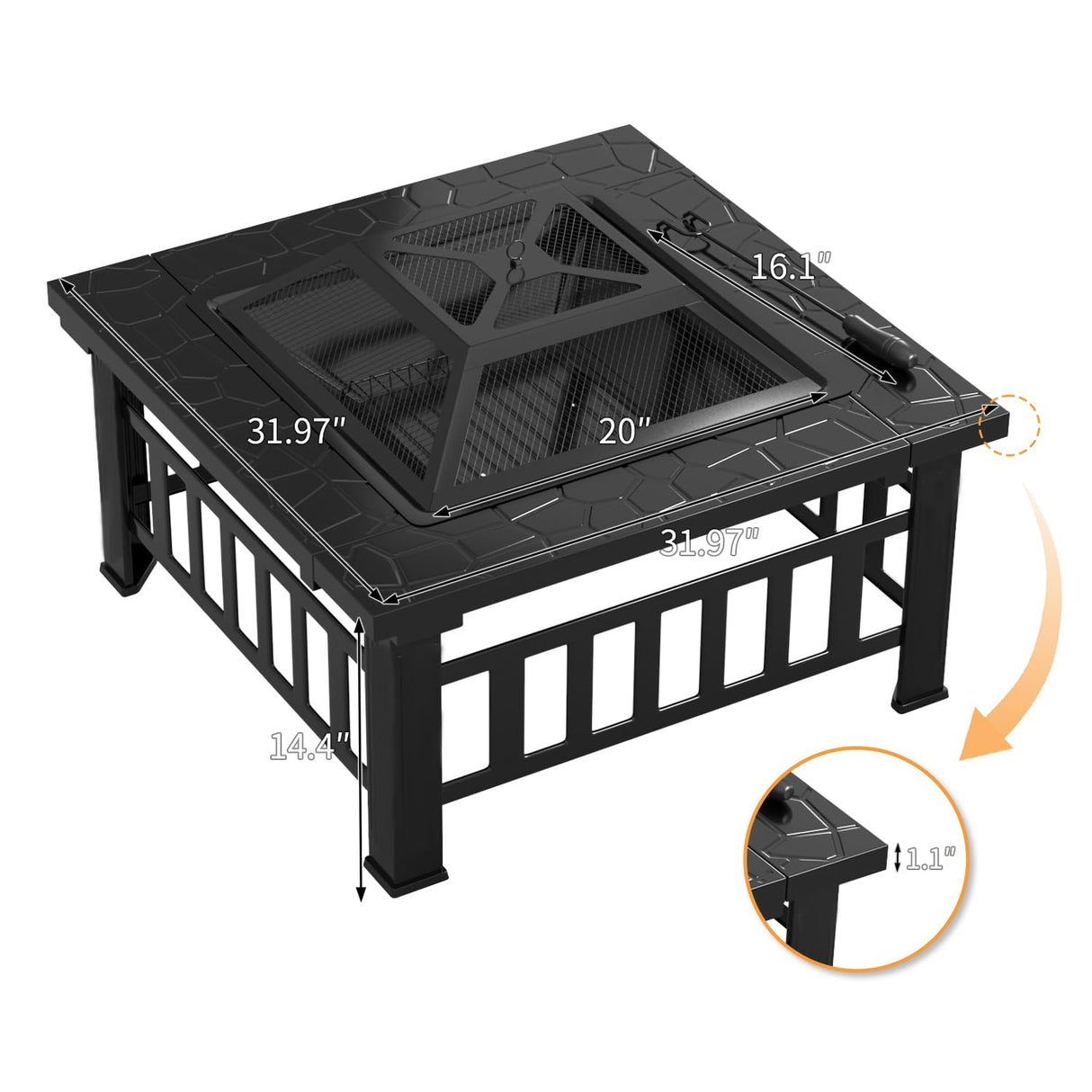 Flamaker Outdoor Fire Pit 32 Inch Patio Square Metal Firepit with Cover Poker & Grate Wood Burning Fireplace Backyard Stove for Outside Heating Camping Flamaker