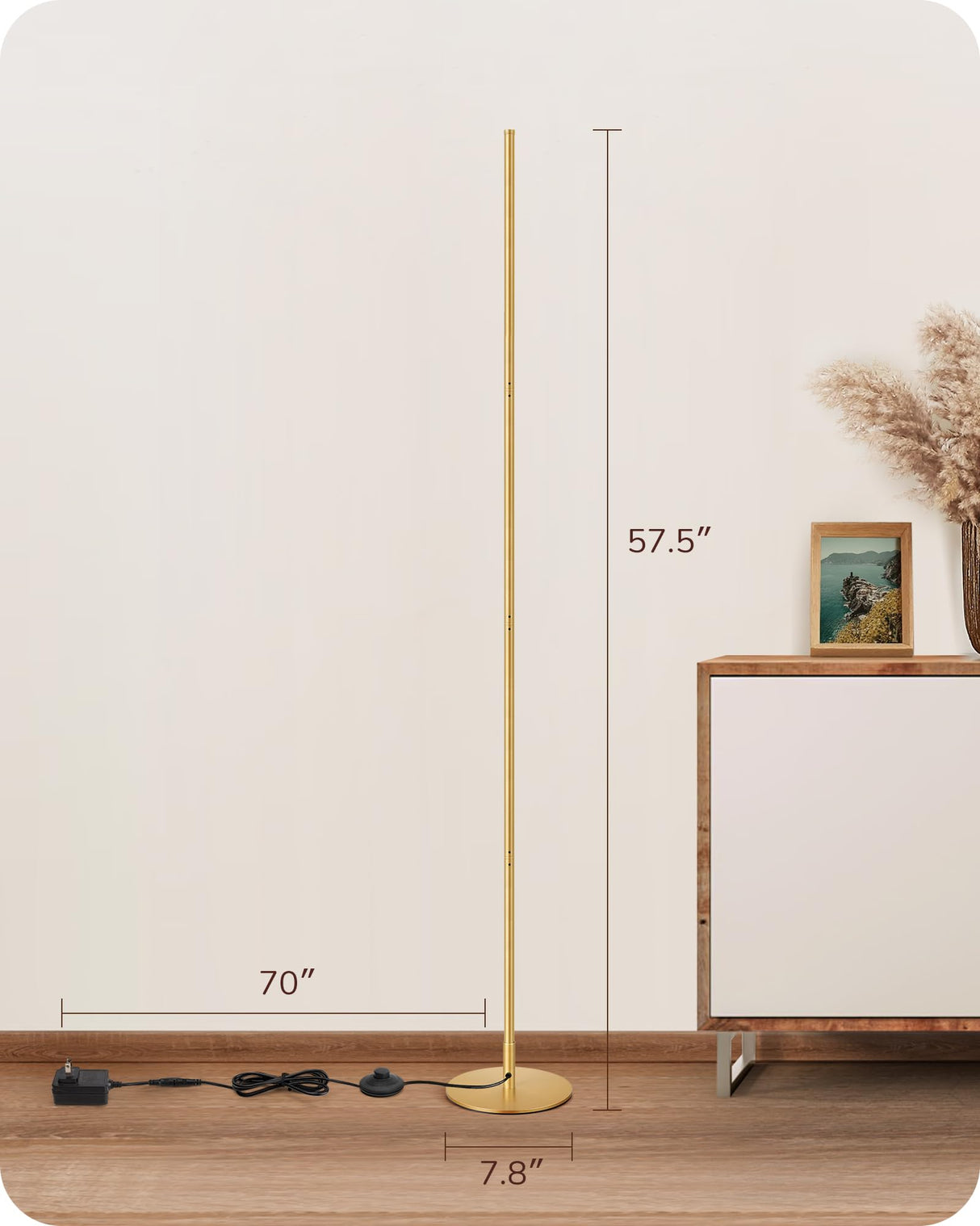 EDISHINE LED Corner Floor Lamp, Modern Slim Dimmable Light, Adjustable Height, 57.5" Minimalist Tall Lamp for Living Room, Bedroom, Office, 3000K Warm White Light (Gold) EDISHINE