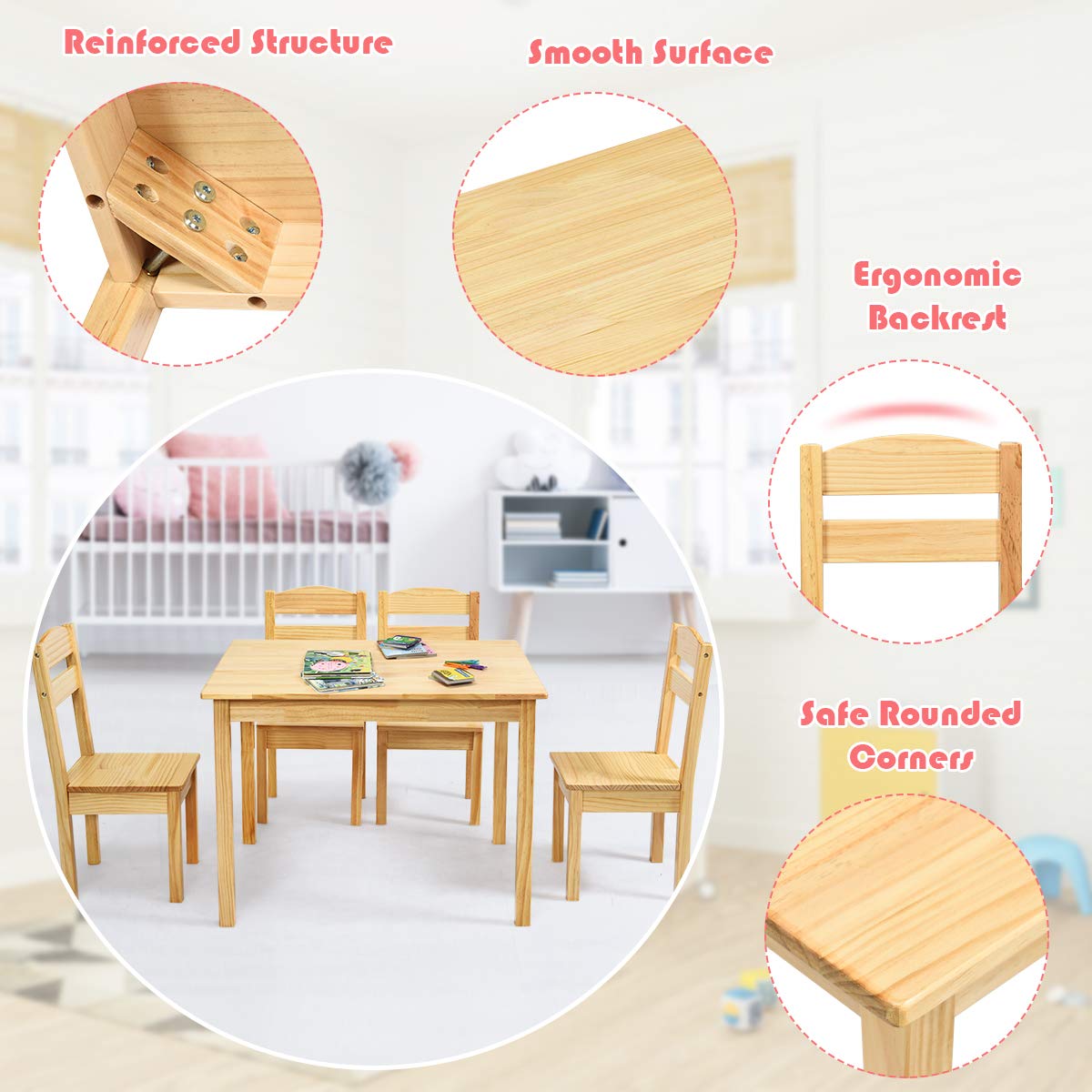 Costzon Kids Table and Chair Set, 5 Piece Wood Activity Table & Chairs for Children Arts, Crafts, Homework, Snack Time, Preschool Furniture, Gift for Boys Girls, Toddler Table and Chair Set (Natural) Costzon