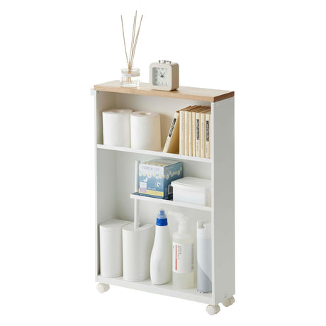 YAMAZAKI Home Slim Rolling Storage Cart – Narrow Bathroom Storage Cabinet with Handle, Slim Bathroom Storage Cart with Wheels, Easy Assembly, Steel + Wood, White YAMAZAKI
