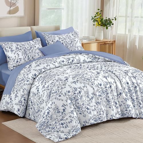 WONGS BEDDING Blue Floral Comforter Set Queen Size, 8 Pieces Flower Botanical Bed in a Bag Bedding Set, Soft Microfiber Comforter, Sheets, Pillowcases & Shams (90"x90") WONGS BEDDING