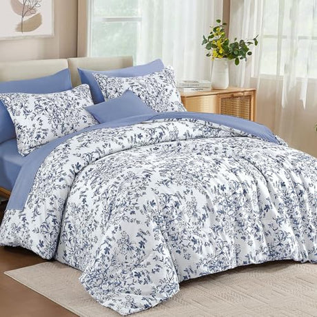 WONGS BEDDING Blue Floral Comforter Set Queen Size, 8 Pieces Flower Botanical Bed in a Bag Bedding Set, Soft Microfiber Comforter, Sheets, Pillowcases & Shams (90"x90") WONGS BEDDING