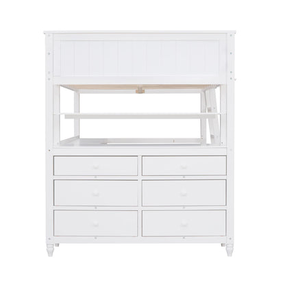 Full Size Solid Wood Loft Bed with Desk, Storage Drawers, and Safety Guardrails - White - WoodArtSupply