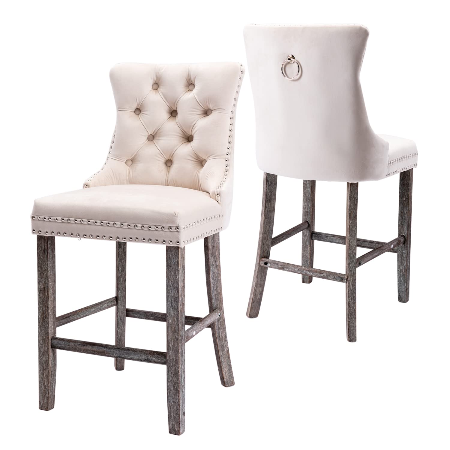 Kiztir Velvet Bar Stools Set of 2, 27" Counter Height Bar Chairs with Button Decor, Nailhead Trim, Solid Wooden Legs, Beige Modern Upholstered Bar Stools for Kitchen, Cafe, Pub - WoodArtSupply