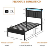 Furnulem Twin Size Bed Frame with Charging Station and LED Lights, Platform Bed with Metal Slats, Grey Upholstered Headboard with 2-Tier Storage Shelves, No Box Spring Needed Furnulem