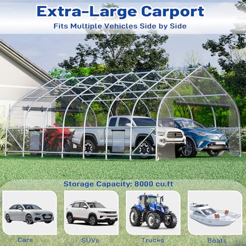 EROMMY 20x30 FT Heavy Duty Durable Carport, Silver Gray, Galvanized Steel Frame Garage Shelter and Outdoor Storage, Waterproof 3-Layer PE Cover, Fits 2 Cars, Boat, Farm Equipment EROMMY