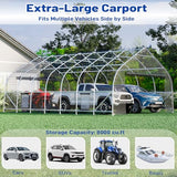 EROMMY 20x30 FT Heavy Duty Durable Carport, Silver Gray, Galvanized Steel Frame Garage Shelter and Outdoor Storage, Waterproof 3-Layer PE Cover, Fits 2 Cars, Boat, Farm Equipment EROMMY