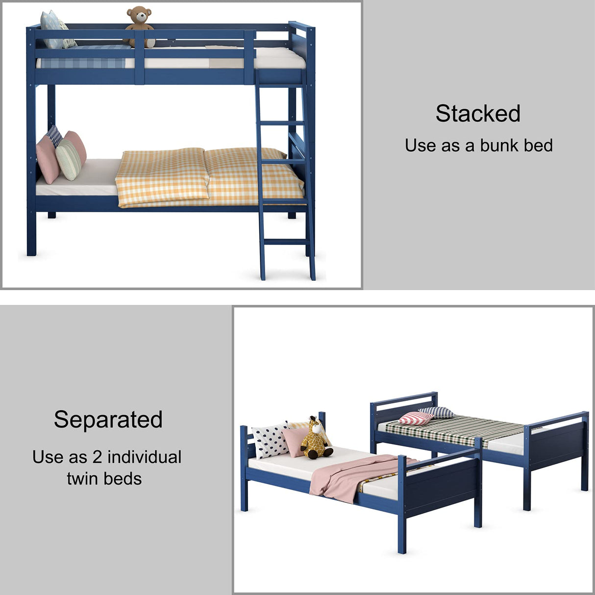 Giantex Twin Over Twin Bunk Bed, Solid Wood Twin Bunk Bed Convertible Into Two Individual Beds, Kids Twin Bunk Bed w/Ladder & Guard Rail for Boys Girls (Navy) Giantex