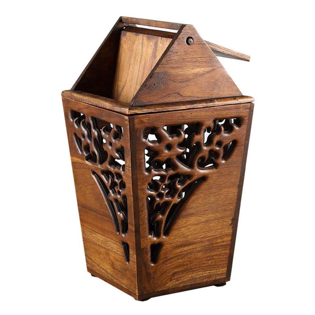 liangzishop Trash Can Waste Bin Antique Wooden Trashbin Shake Cover Teak Waste Bin Hand Hollow Carved Trash Can Indoor Solid Wood Trash Box 3.2 liangzishop