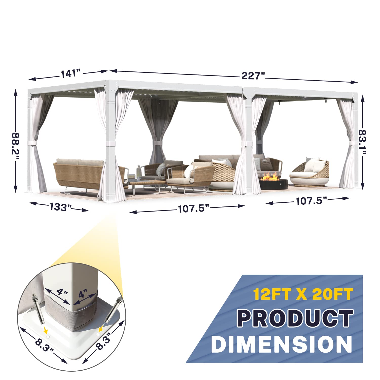 MELLCOM Louvered Pergola 12x20, Aluminum Pergola with Adjustable Louvered Roof, Outdoor Pergola with Waterproof Curtains and Nets, White - WoodArtSupply